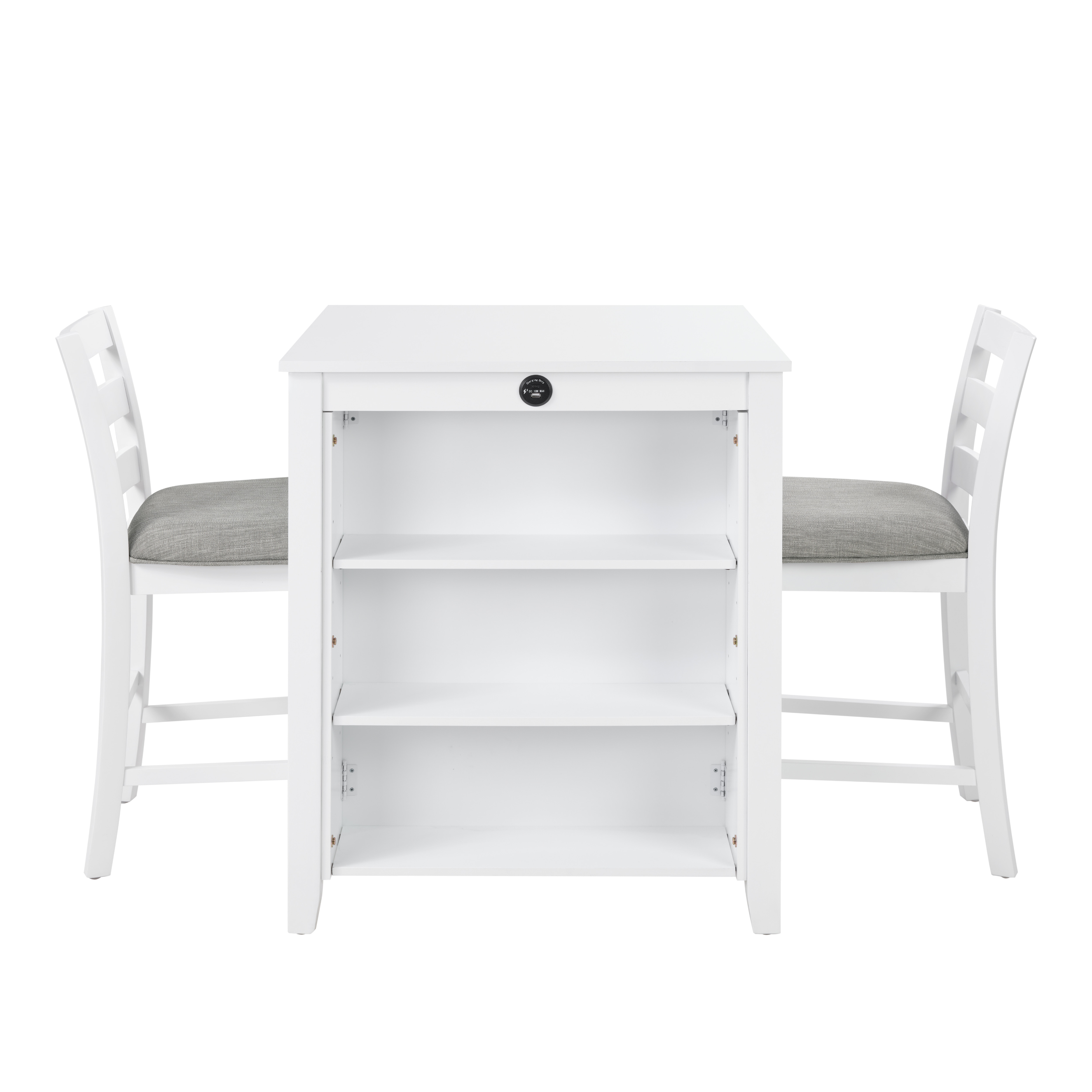 36" Modern Dining Table Set For 2 With Charging Station & 3-Tier Adjustable Storage | Space-Saving Kitchen Set With Upholstered Chairs For Small Spaces, Apartment,White_voghion.com